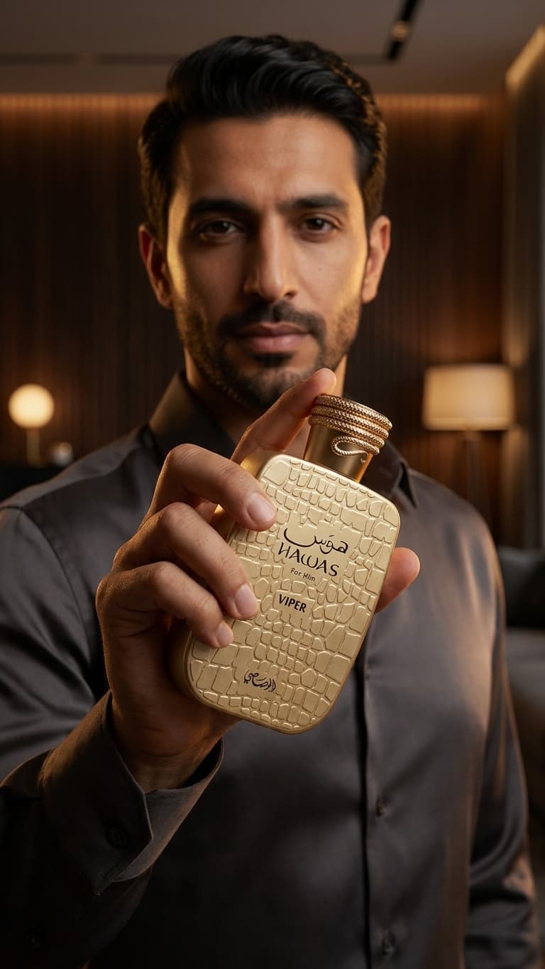 A man in a dark gray shirt holds up a textured gold bottle of Italian Vaporesso fragrance in a warmly lit indoor setting.