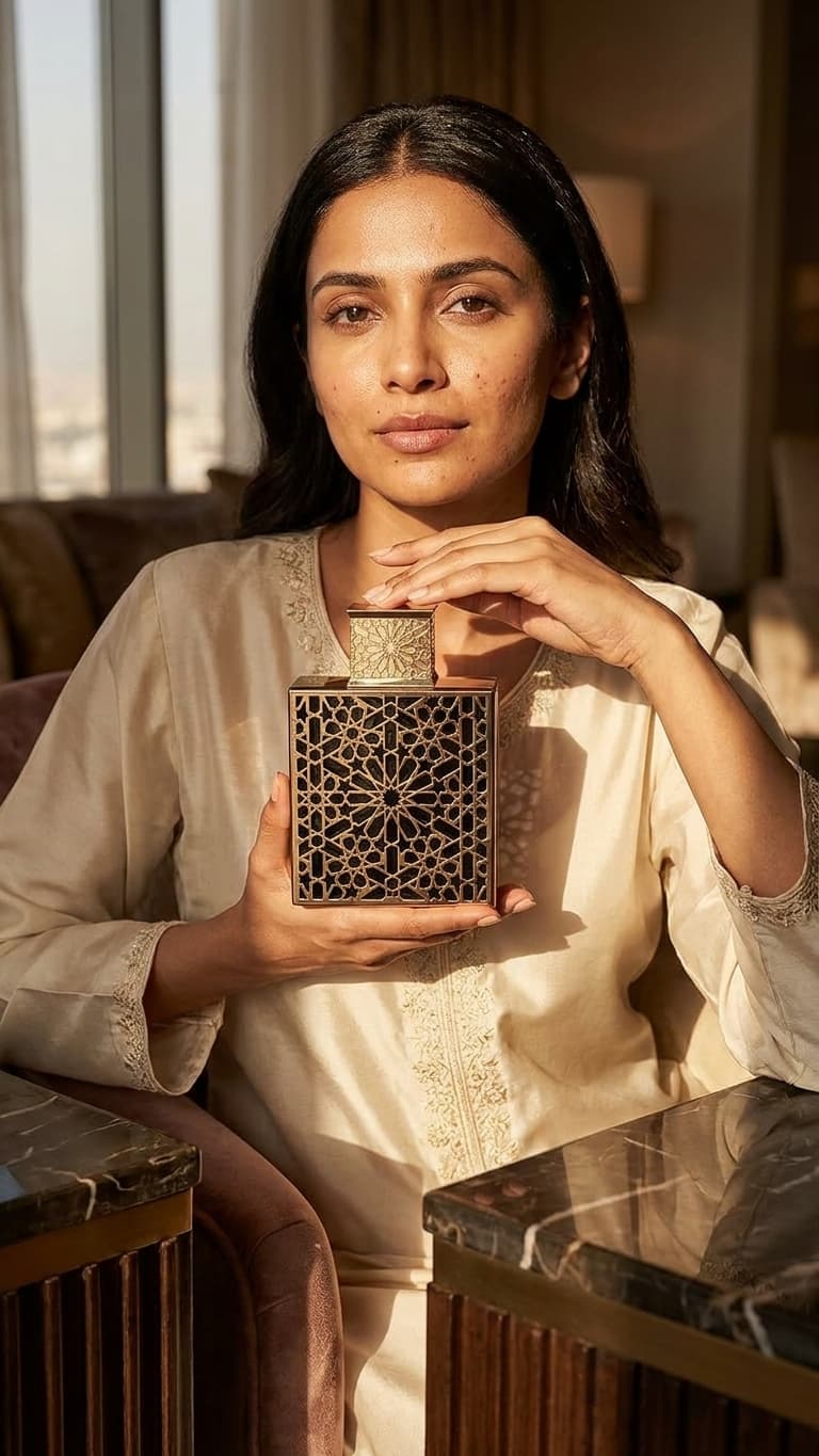 A woman in a cream-colored embroidered kurta holds a square wooden box with intricate geometric cutout patterns, set in a warm, sunlit indoor environment.