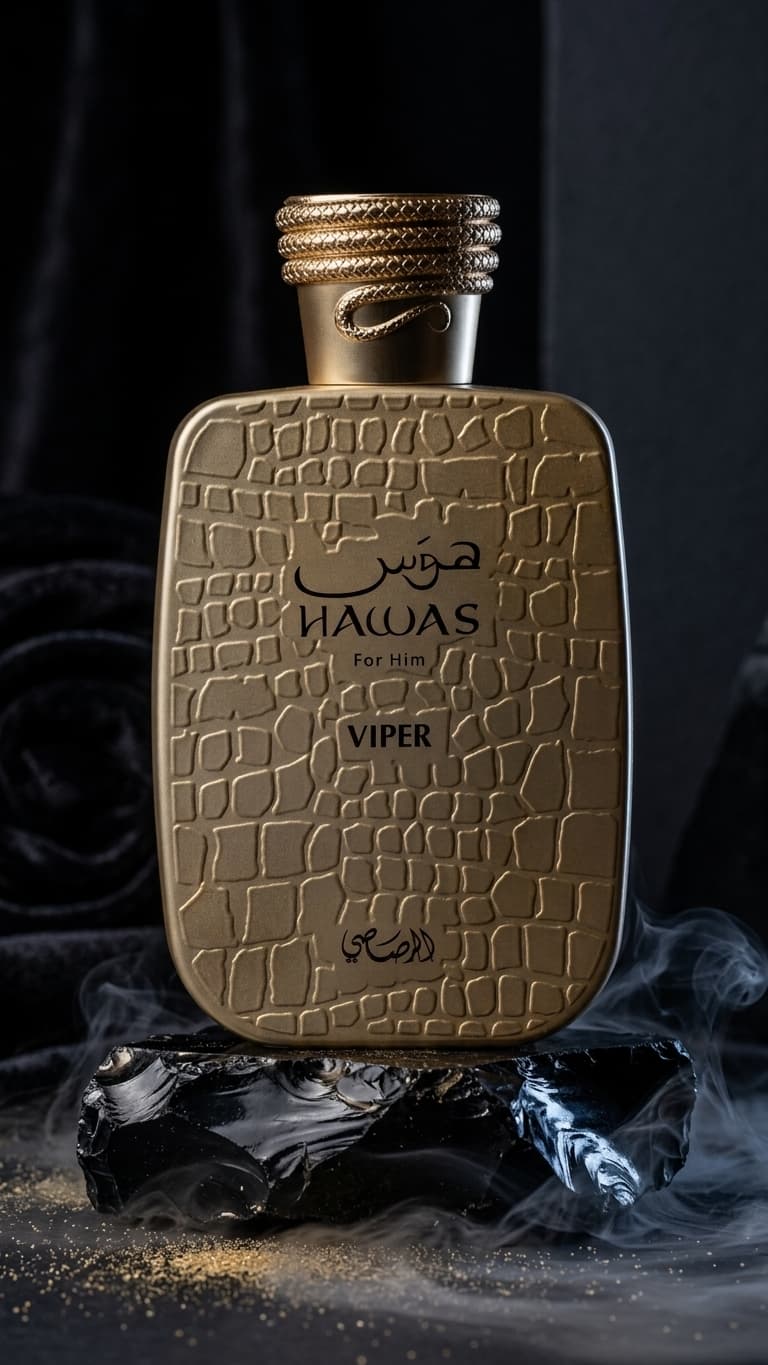 A luxury perfume bottle labeled 'HAAS VIPER' with Arabic text, featuring a textured gold and bronze crocodile skin pattern, set on a dark reflective surface with dramatic smoke and dark fabric background.