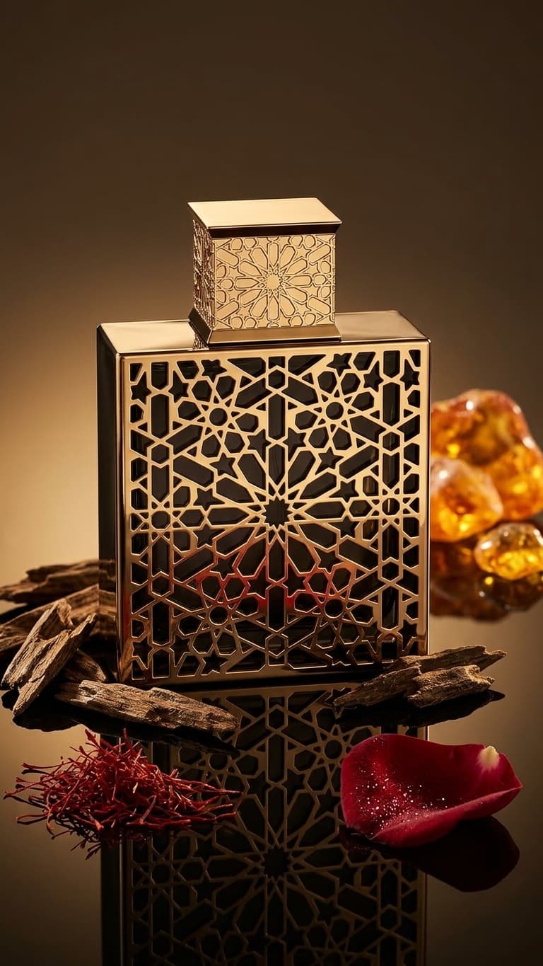 An ornate rectangular perfume bottle with intricate geometric cutout patterns on the front and cap, styled with amber resin, saffron threads, and a red rose petal on a reflective dark surface.
