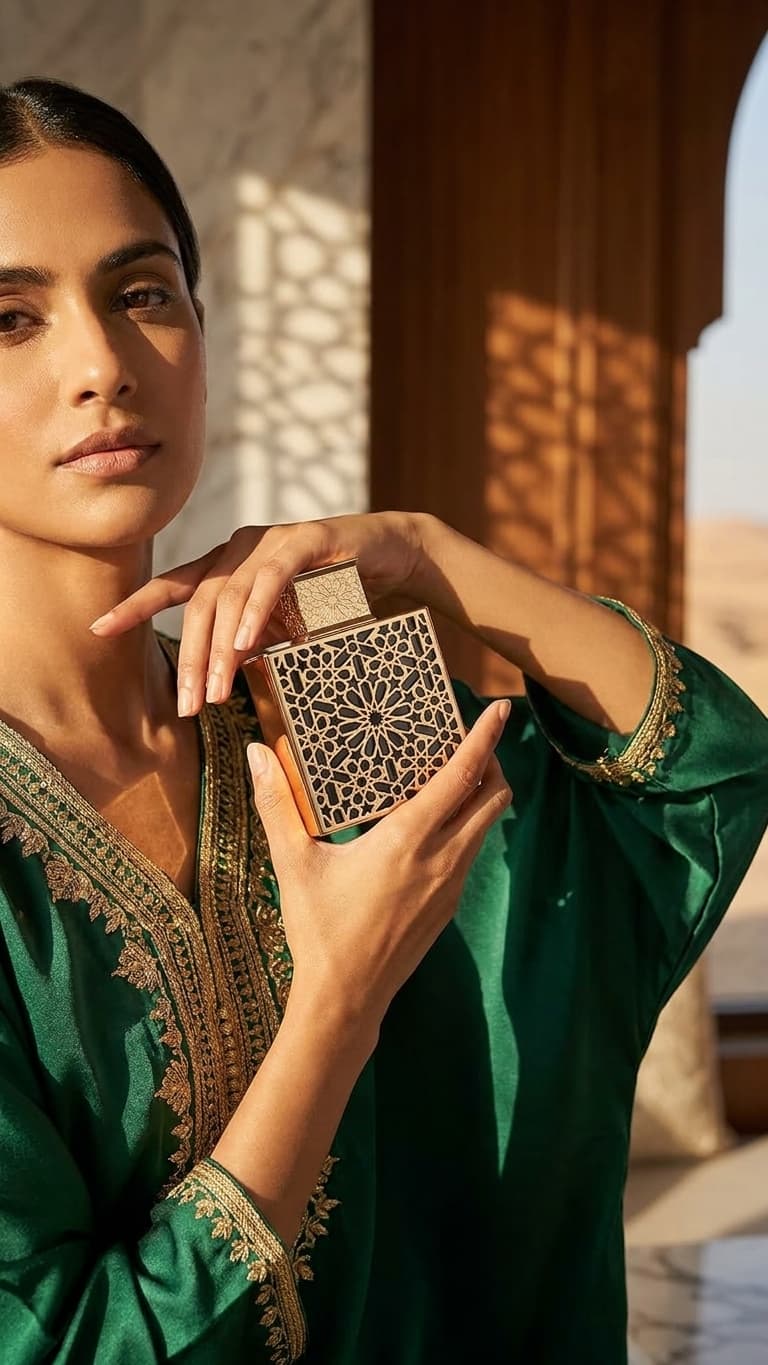 A woman in a green embroidered traditional outfit holds a square decorative perfume bottle with an intricate geometric pattern, set against a warm, sunlit architectural background.
