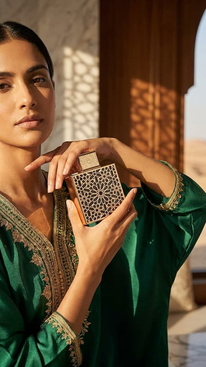 A woman in a green embroidered traditional outfit holds a square decorative perfume bottle with an intricate geometric pattern, set against a warm, sunlit architectural background.