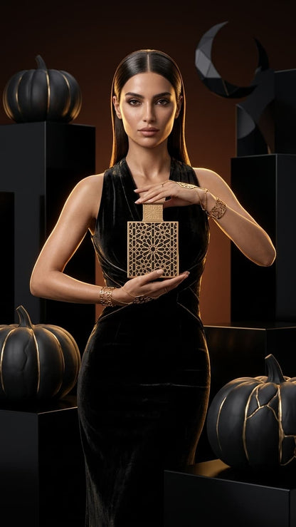 A woman in a black sleeveless dress holds a rectangular perfume bottle with a gold geometric patterned label and gold cap, posed among black pumpkins and dark sculptural decor against a dark brown background.