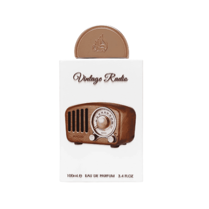 Vintage Radio Eau de Parfum bottle with a white rectangular box featuring a brown vintage radio illustration and a matching brown oval cap on top.