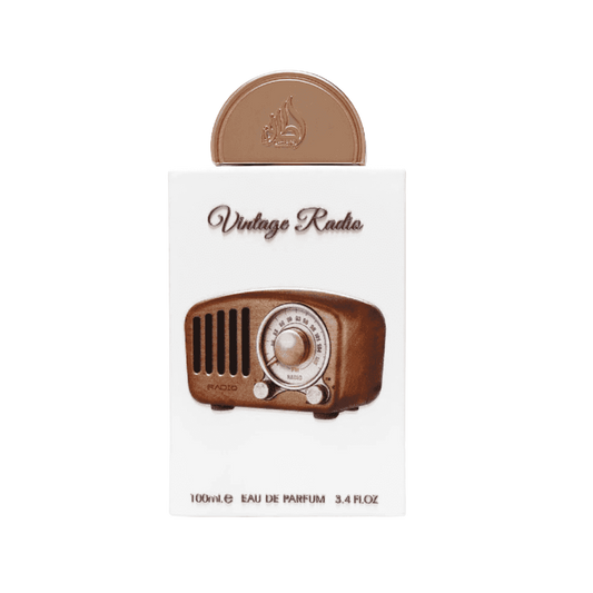Vintage Radio Eau de Parfum bottle with a white rectangular box featuring a brown vintage radio illustration and a matching brown oval cap on top.