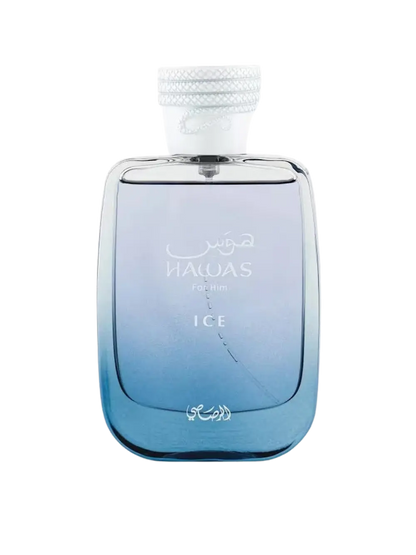 A bottle of Rasasi Hawas For Him Ice fragrance, featuring a gradient blue and purple glass bottle with a white textured cap, set against a plain white background