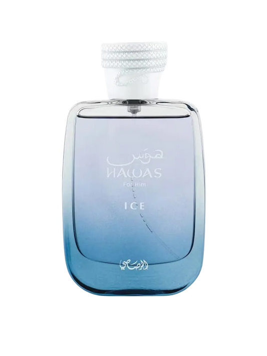 A bottle of Rasasi Hawas For Him Ice fragrance, featuring a gradient blue and purple glass bottle with a white textured cap, set against a plain white background