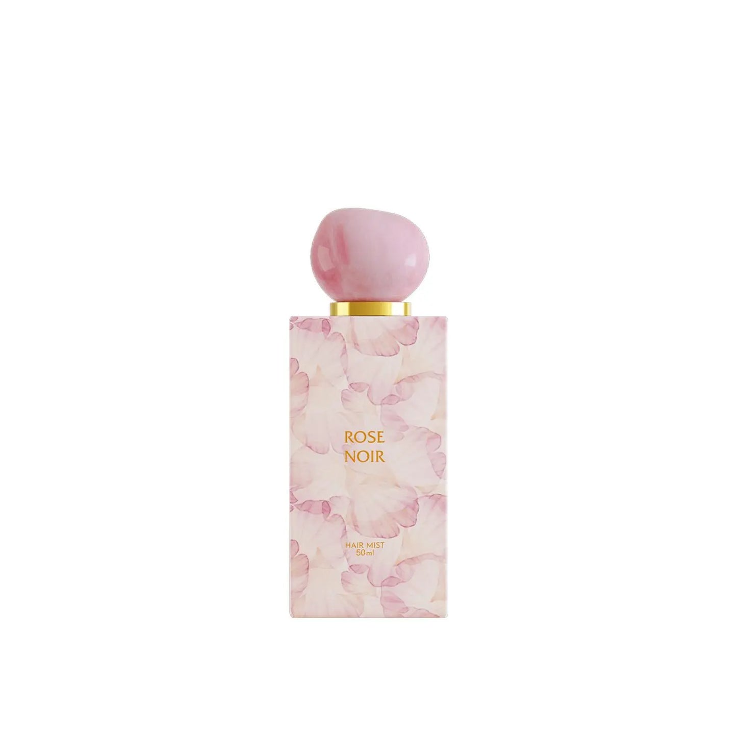 Perfume bottle with pink floral design and 'Rose Noir' text on a white background