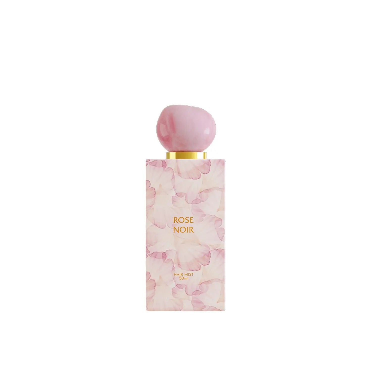 Perfume bottle with pink floral design and 'Rose Noir' text on a white background