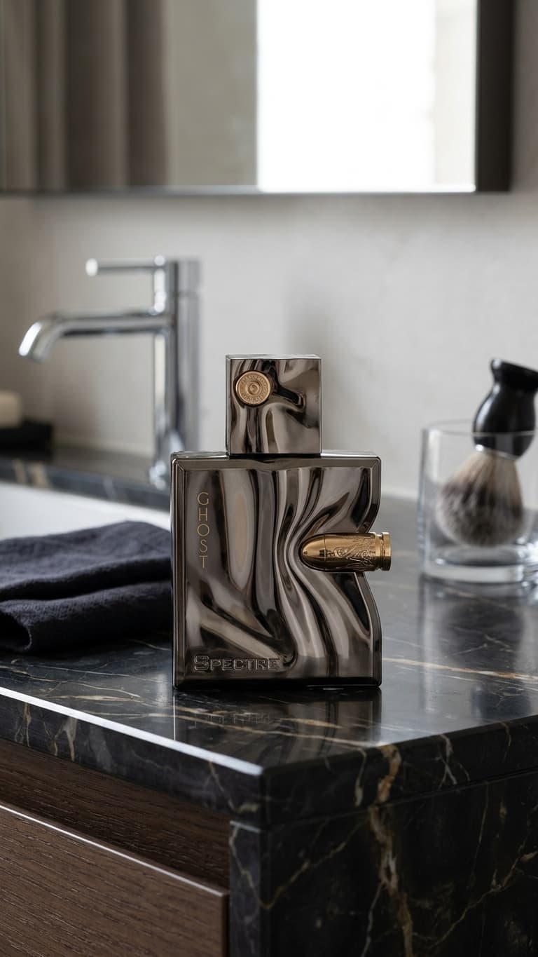A rectangular fragrance bottle with a marbled black, gray, and white pattern and gold accents sits on a dark marble bathroom countertop beside a folded dark towel, with a faucet and shaving brush in the background.