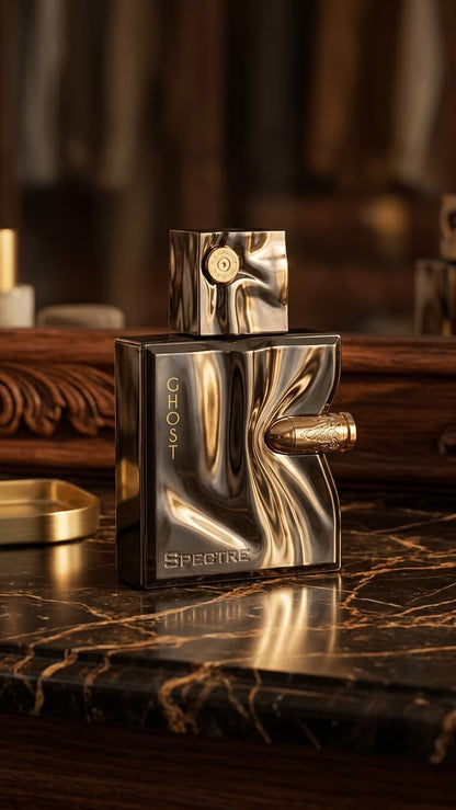 A metallic silver perfume bottle with a bullet-shaped atomizer, labeled 'SPECTRE', set on a dark marble surface with a blurred luxury interior background.