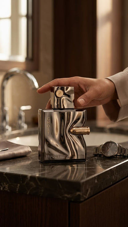 A hand holds the cap of a metallic silver and gold Efforto perfume bottle on a dark marble bathroom counter, with a watch and towel nearby.