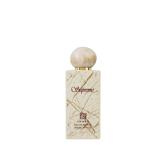 Perfume bottle with marble design and 'Supreme' branding on a white background