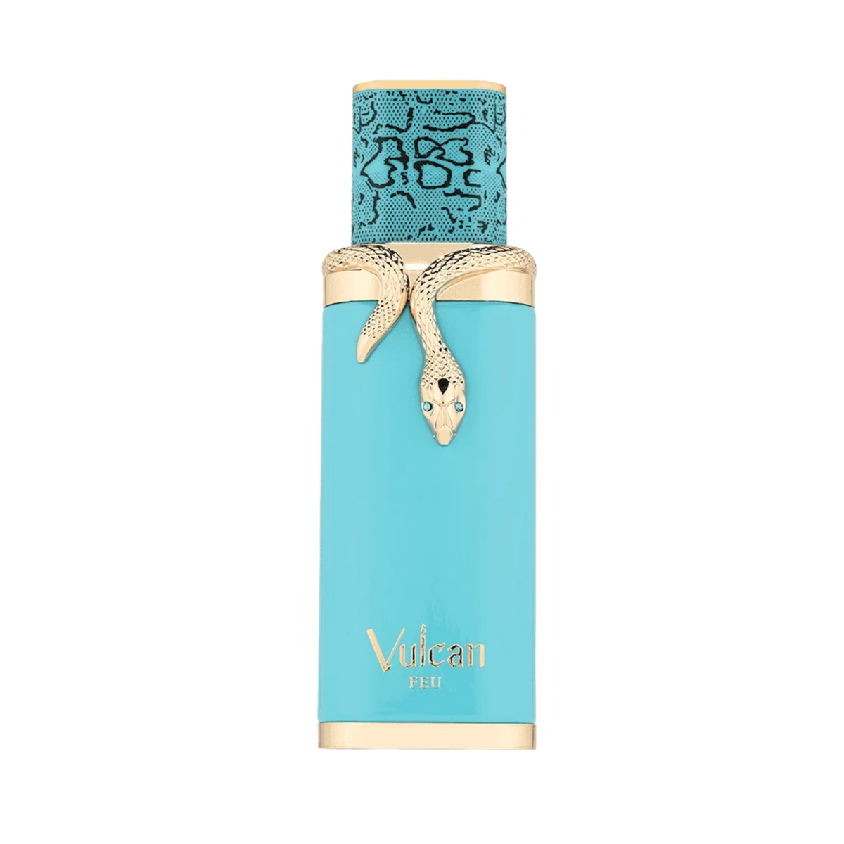 French Avenue Vulcan feu perfume bottle in a vibrant turquoise blue color with gold accents, featuring a sculpted gold snake around the neck and a patterned turquoise cap on a plain white background.