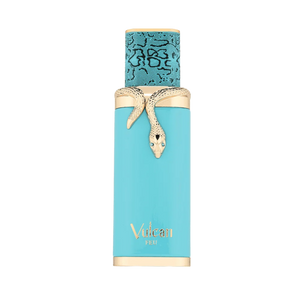 French Avenue Vulcan feu perfume bottle in a vibrant turquoise blue color with gold accents, featuring a sculpted gold snake around the neck and a patterned turquoise cap on a plain white background.