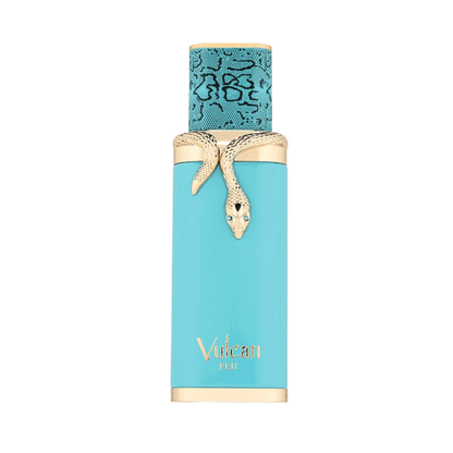 French Avenue Vulcan feu perfume bottle in a vibrant turquoise blue color with gold accents, featuring a sculpted gold snake around the neck and a patterned turquoise cap on a plain white background.
